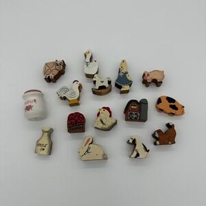 15pc Vintage Miniature Wooden Farm Animals & Barn Country Kitchen Shelf Sitters